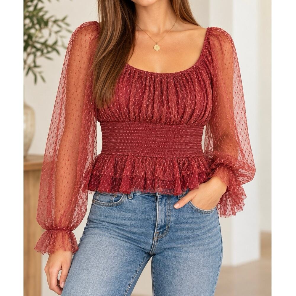 Anthropologie Wine Burgundy Sheer Lace Smocked Peplum Blouse Top XL NWT Romantic
